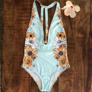 Sunflower Print Plunge Swimsuit